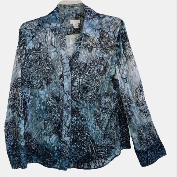 CHICO'S sz M sz 1 Blue Burn Out Crush Velvet Tab Sleeve Button Tunic Blouse - Picture 2 of 6